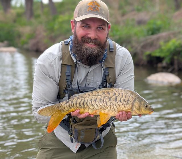 Lead guide and owner Cory holding a small mirror carp.